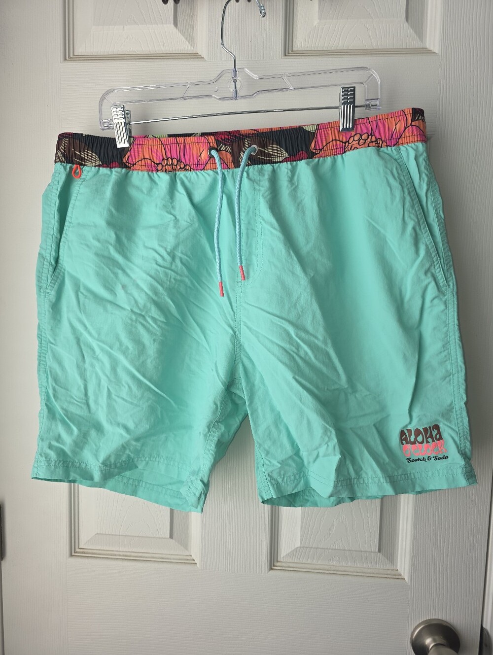 Mens Scotch & Soda Blue Nylon Printed-Waistband Drawstring Swim Shorts Size 2XL